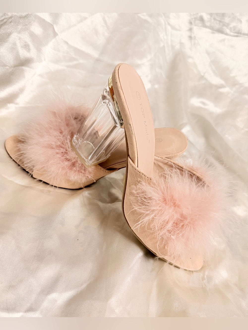 Blush Marabou Slide Sandals with Clear Block Heel